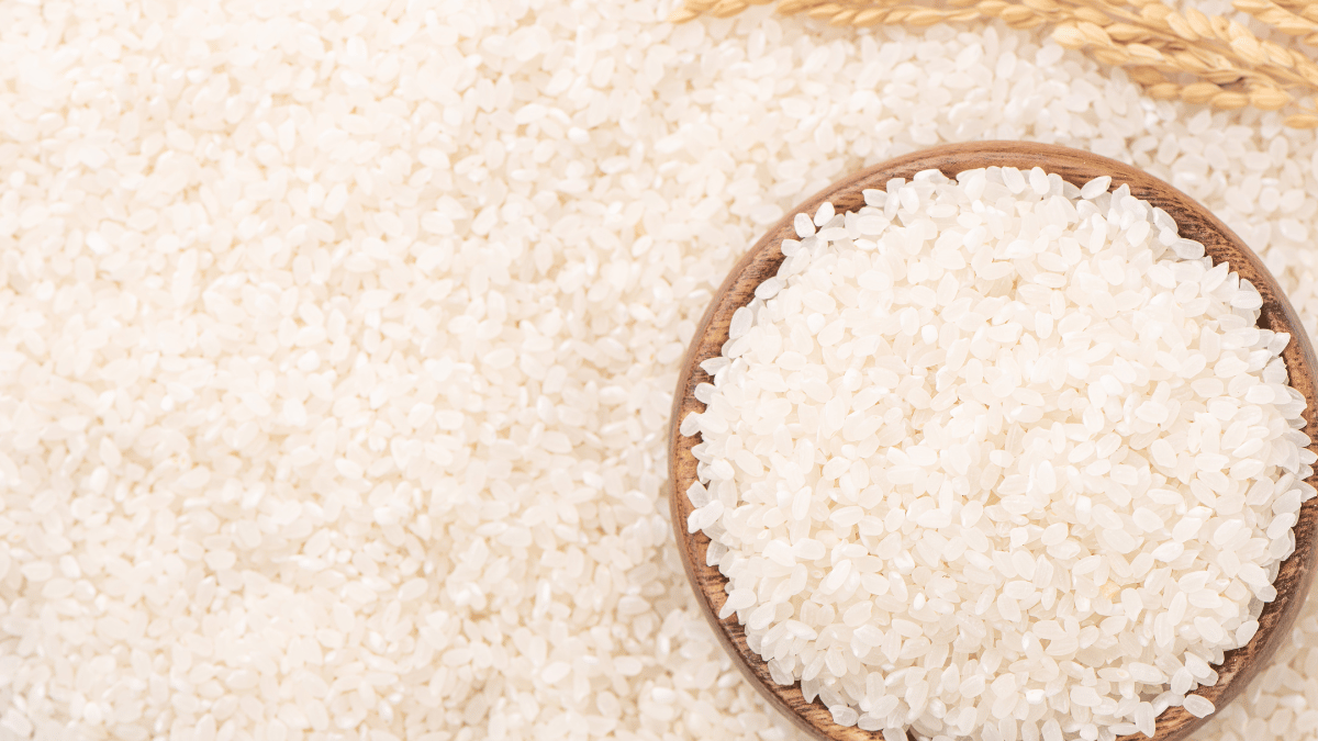 Top view of a wooden bowl filled with white rice, surrounded by more loose rice grains and a stalk of rice.