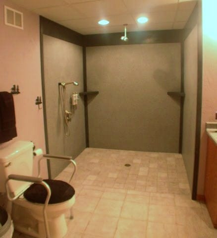 A level-access walk-in shower with grab rail and seat
