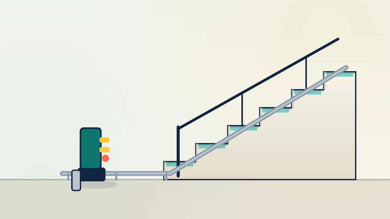 A chair-type stairlift folded at the bottom of a staircase