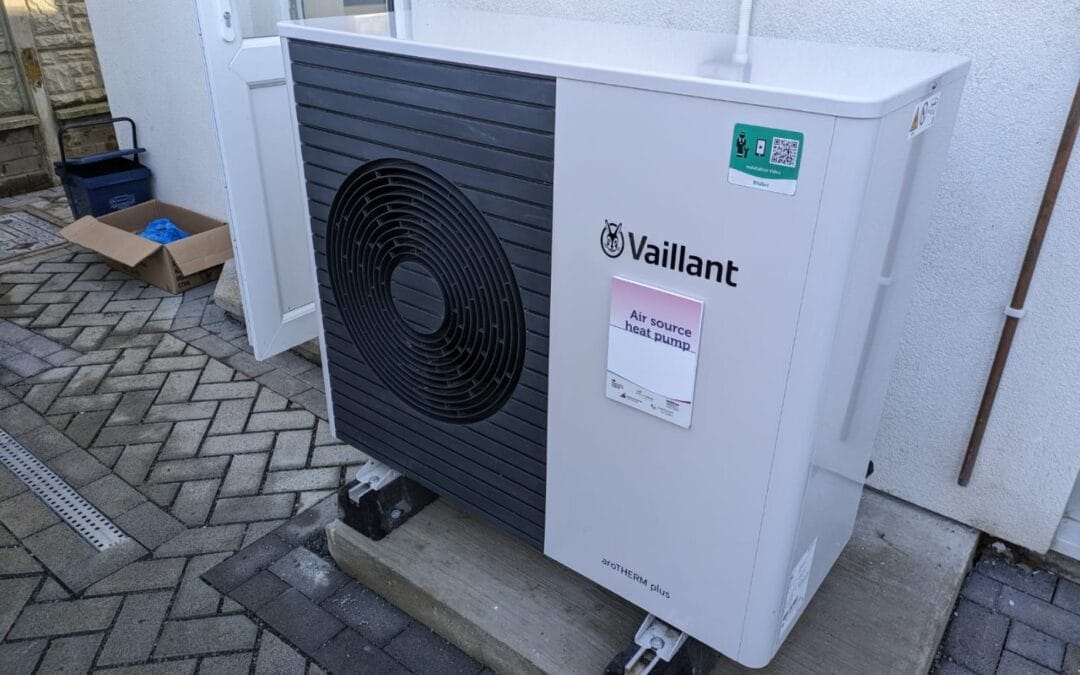 Vaillant aroTHERM plus air source heat pump outdoor unit on a UK terraced house