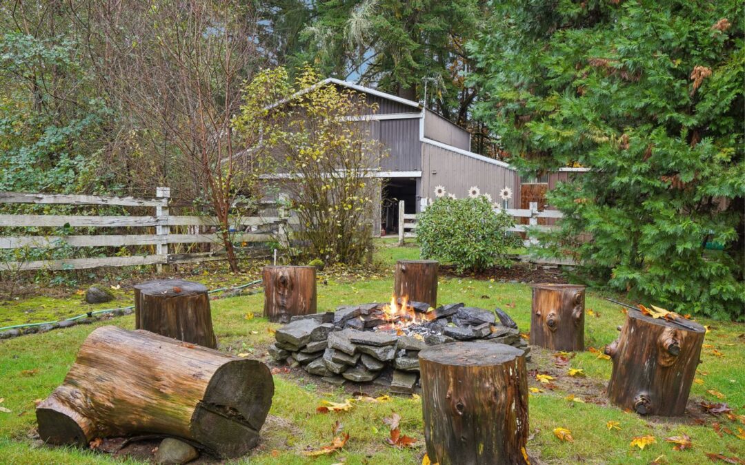 Backyard with a stone fire pit surrounded by carved log stumps as seats, and a shed in the background. Autumn leaves on the grass.