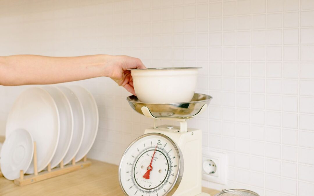 Bowl placed on a kitchen weighing scale