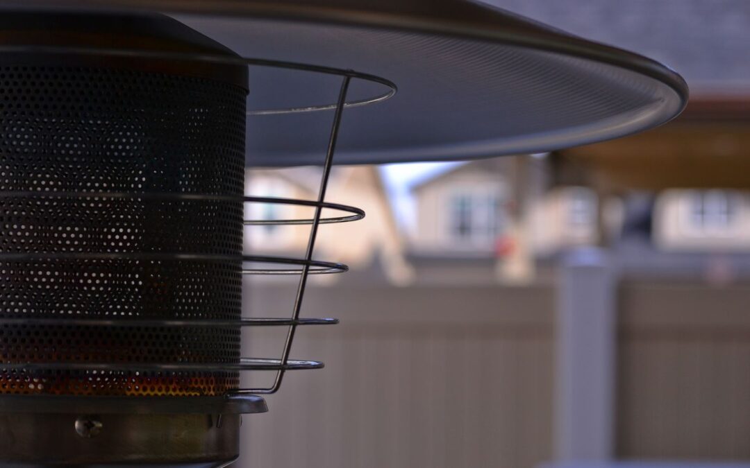 Close-up of a gas patio heater on a terrace